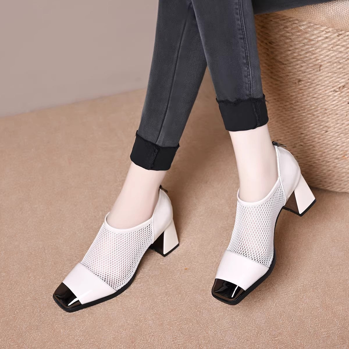 Zapatos de malla con punta cuadrada y tacón grueso