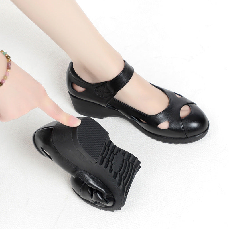 Zapatos para mamá – piel genuina, tacón de cuña, punta redonda