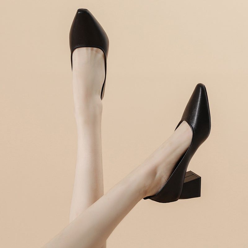 Tacones de piel genuina con punta cuadrada, tacón grueso de 5 cm