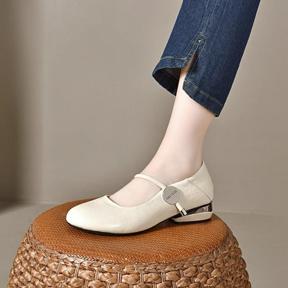 Zapatos clásicos de piel con punta redonda y tacón grueso