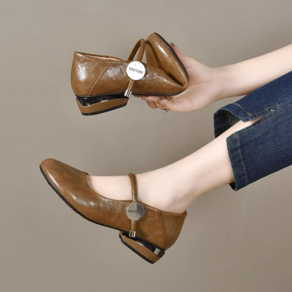 Zapatos clásicos de piel con punta redonda y tacón grueso