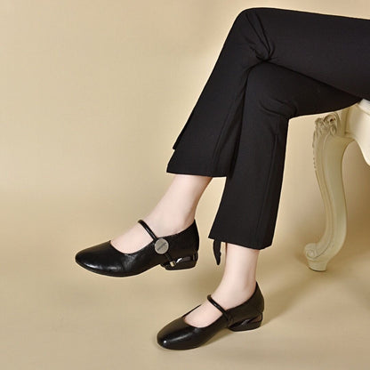 Zapatos clásicos de piel con punta redonda y tacón grueso