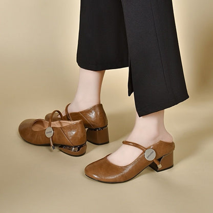Zapatos clásicos de piel con punta redonda y tacón grueso