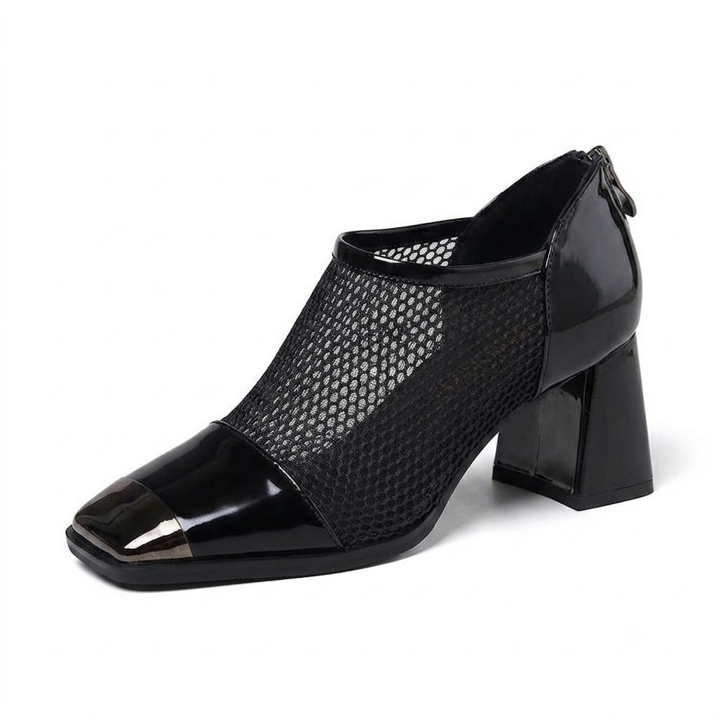 Zapatos de malla con punta cuadrada y tacón grueso