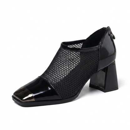 Zapatos de malla con punta cuadrada y tacón grueso