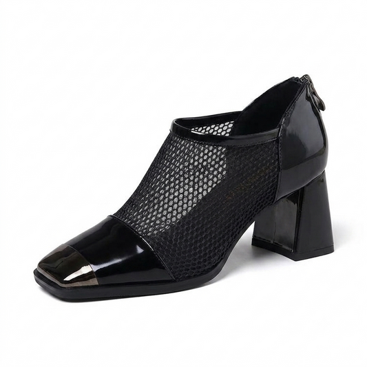 Zapatos de malla con punta cuadrada y tacón grueso