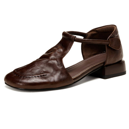 Zapatos de piel estilo francés retro con tacón bajo