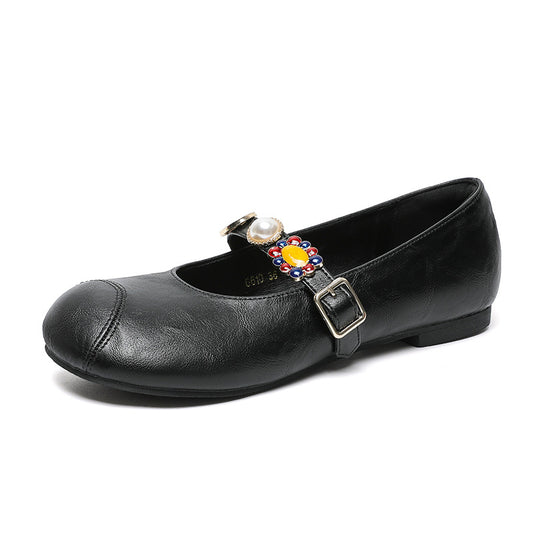 Zapatos casuales de piel suave con punta redonda, tacón bajo y estilo retro
