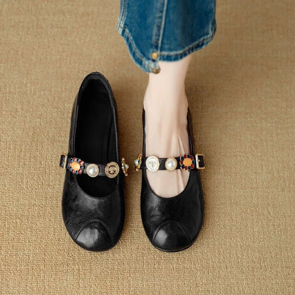 Zapatos casuales de piel suave con punta redonda, tacón bajo y estilo retro