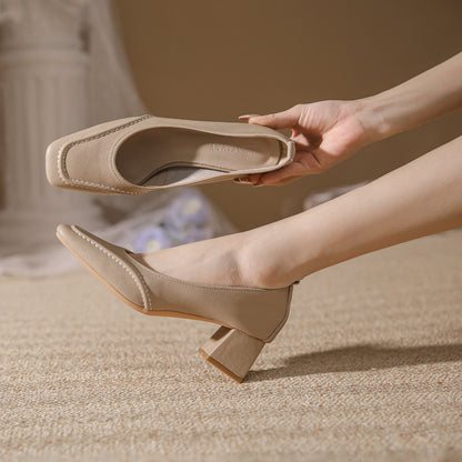 Tacones de piel genuina con punta cuadrada y tacón grueso