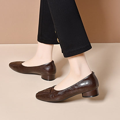 Zapatos de cuero para mujer con punta redonda y tacón plano