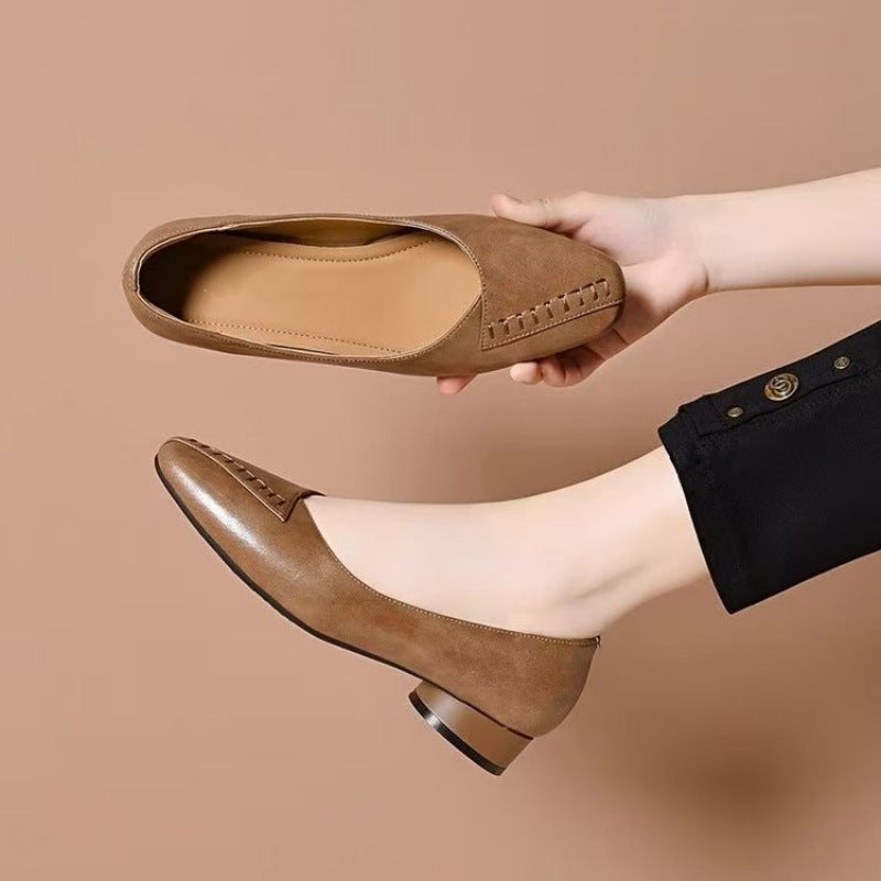 Zapatos de cuero para mujer con punta redonda y tacón plano