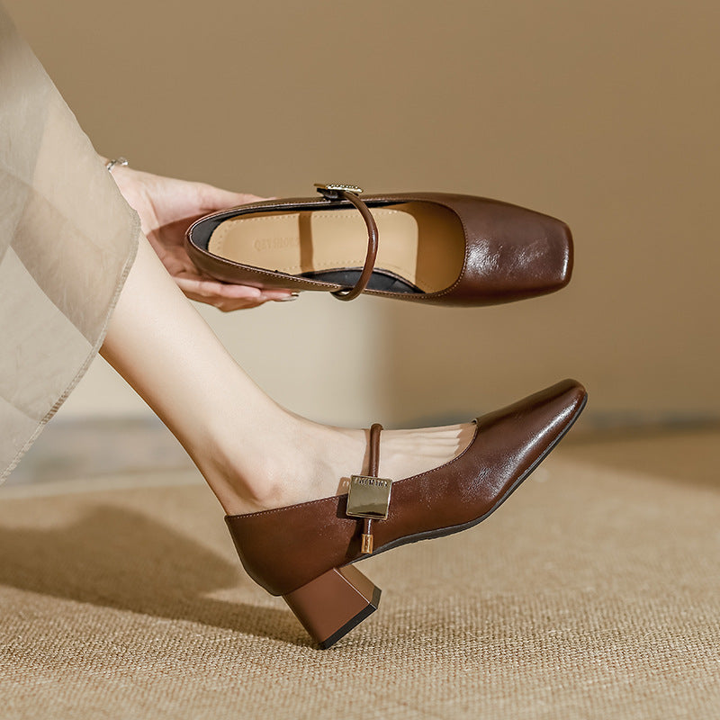 Zapatos de tacón grueso de cuero suave vintage para mujer