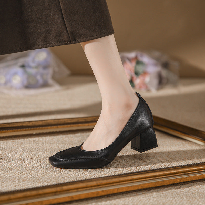 Tacones de piel genuina con punta cuadrada y tacón grueso