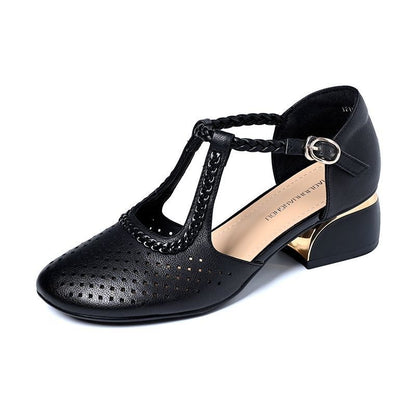 Zapatos piel suave – punta redonda, tacón grueso y calado