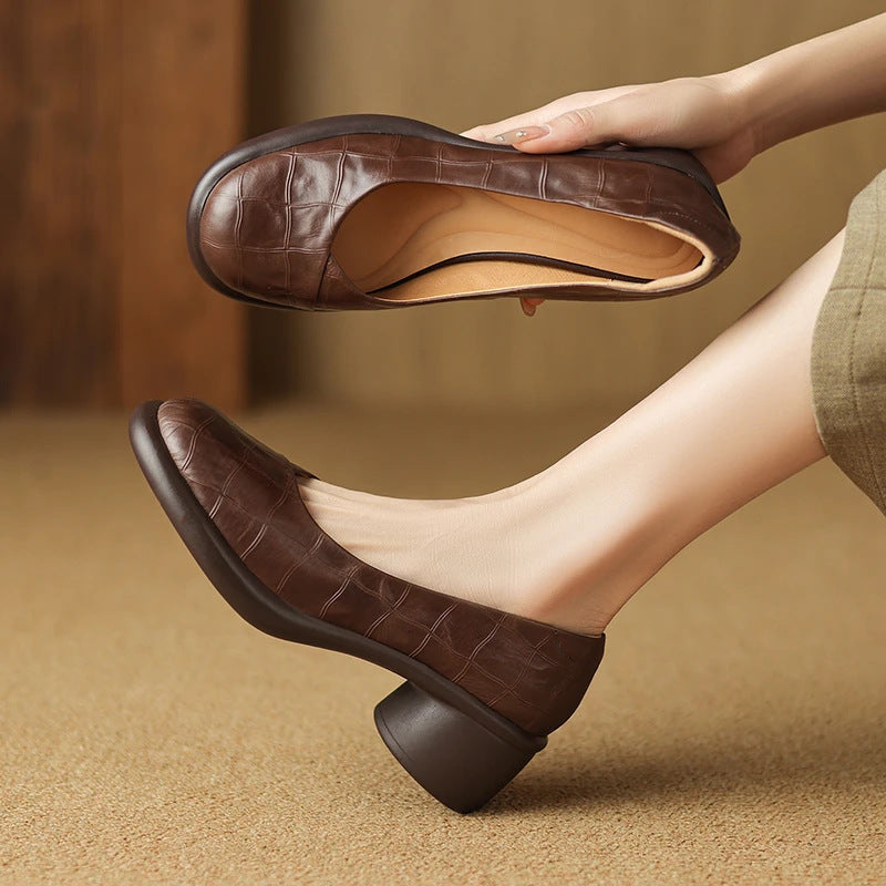 Zapatos de piel – tacón grueso, punta redonda, suela suave