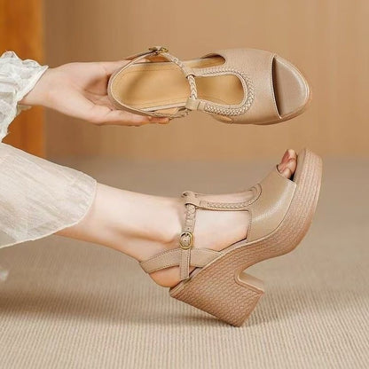Sandalias de tacón alto de 8 cm con punta abierta y estilo retro