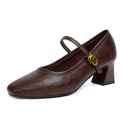Zapatos de piel suave con tacón grueso – Nuevo