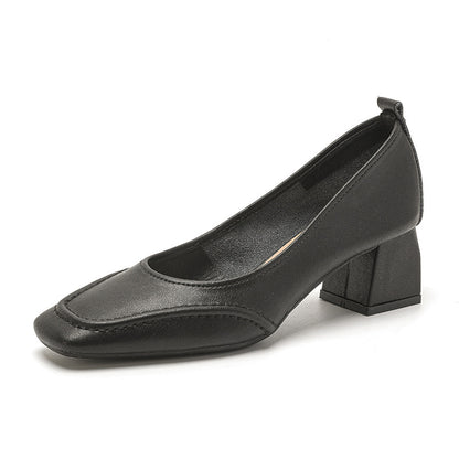 Tacones de piel genuina con punta cuadrada y tacón grueso