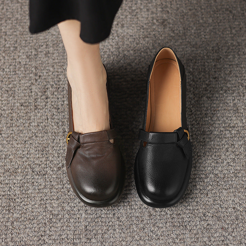Zapatos de piel suave con tacón medio, punta redonda y plataforma