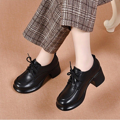 Zapatos de piel genuina con punta redonda y tacón medio