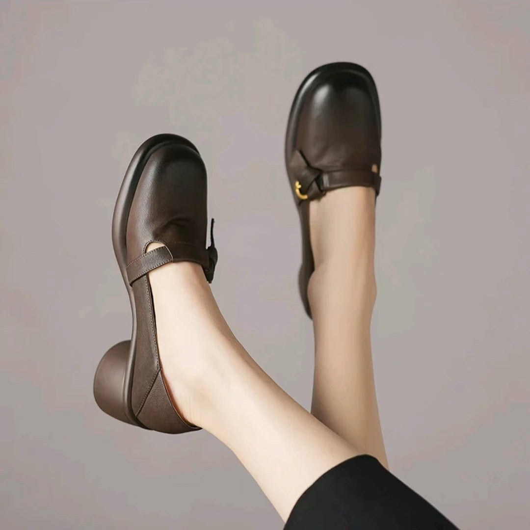 Zapatos de piel suave con tacón medio, punta redonda y plataforma