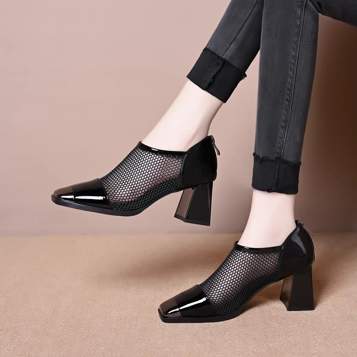 Zapatos de malla con punta cuadrada y tacón grueso
