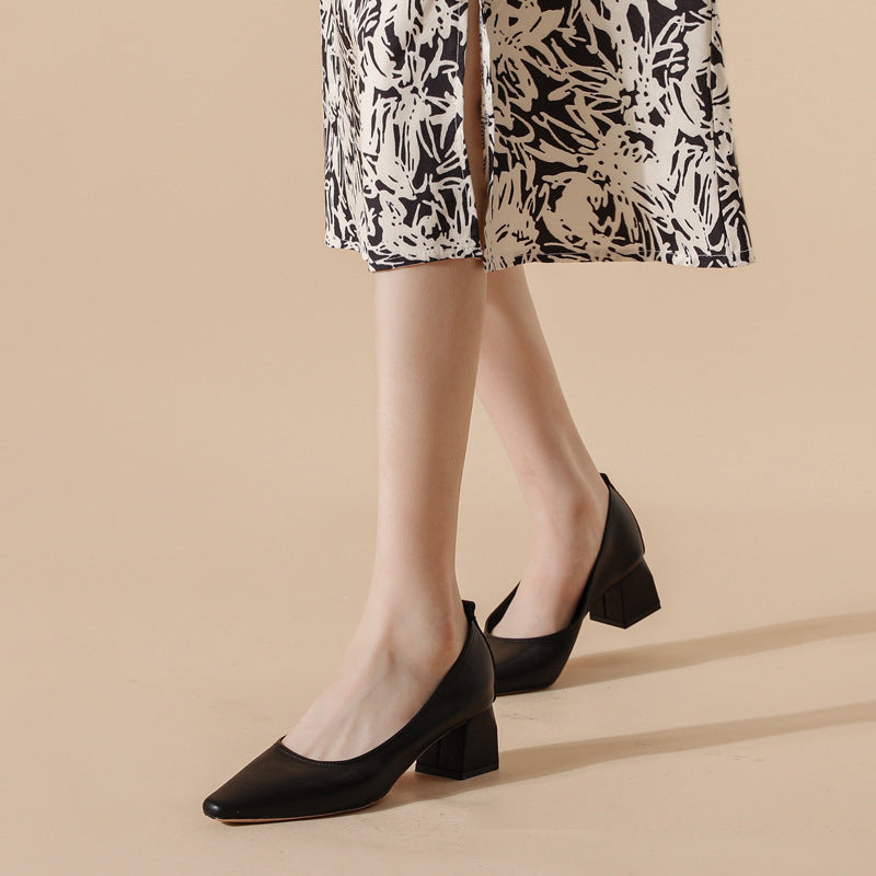 Tacones de piel genuina con punta cuadrada, tacón grueso de 5 cm