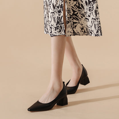 Tacones de piel genuina con punta cuadrada, tacón grueso de 5 cm