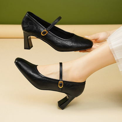 Zapatos de piel suave con tacón grueso – Nuevo