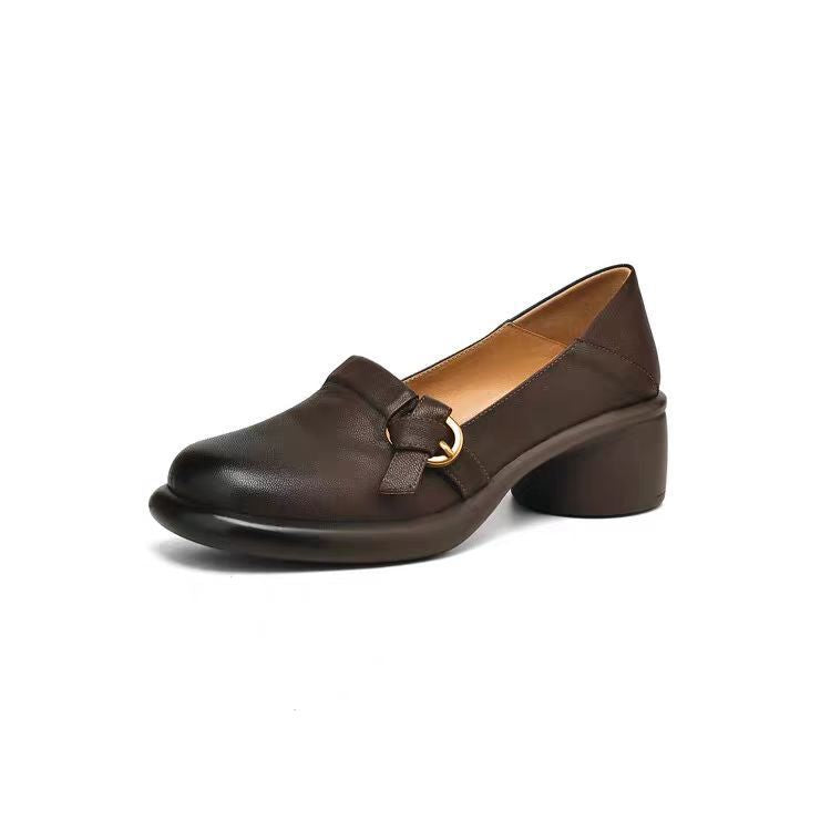 Zapatos de piel suave con tacón medio, punta redonda y plataforma