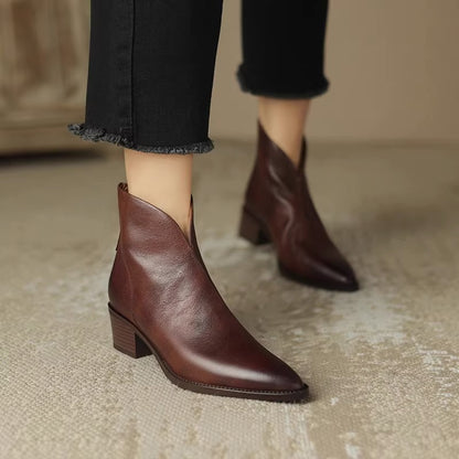 Botines de punta afilada con tacón grueso para mujer