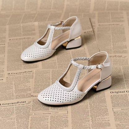 Zapatos piel suave – punta redonda, tacón grueso y calado