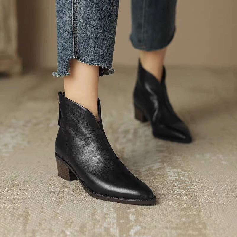 Botines de punta afilada con tacón grueso para mujer