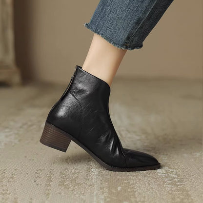 Botines de punta afilada con tacón grueso para mujer