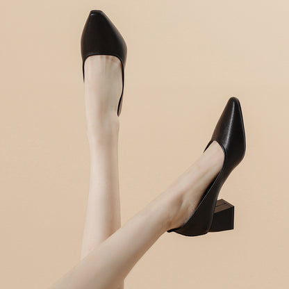 Tacones de piel genuina con punta cuadrada, tacón grueso de 5 cm