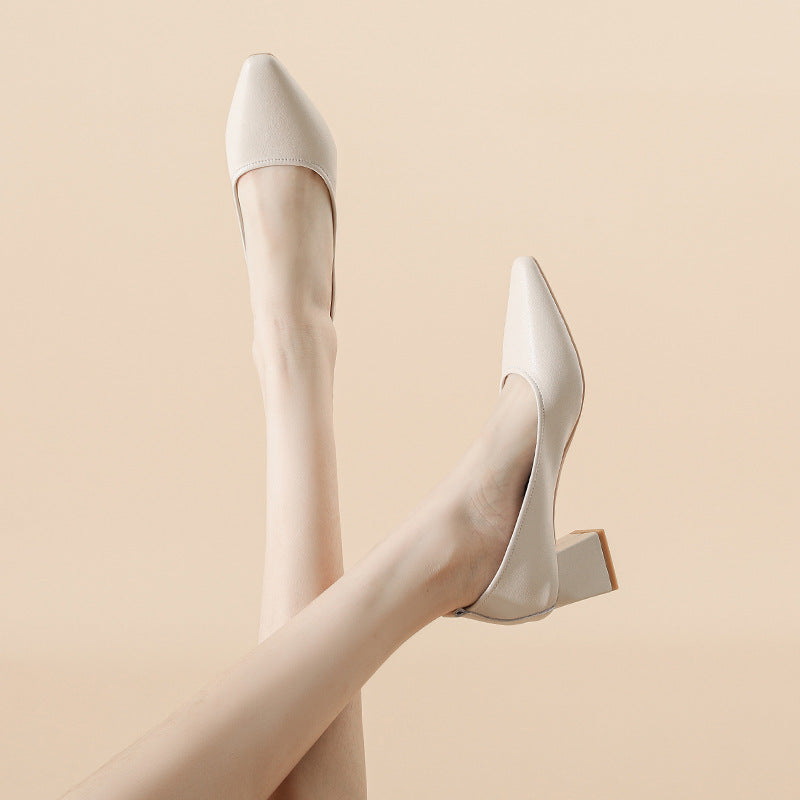 Tacones de piel genuina con punta cuadrada, tacón grueso de 5 cm