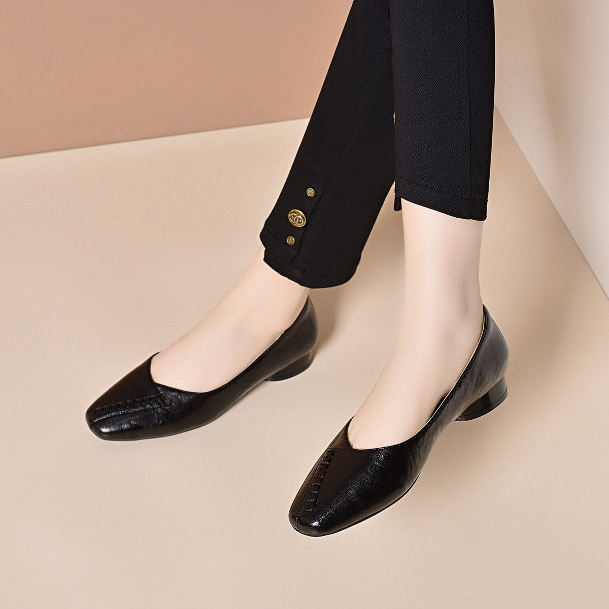 Zapatos de cuero para mujer con punta redonda y tacón plano