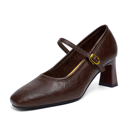 Zapatos de piel suave con tacón grueso – Nuevo