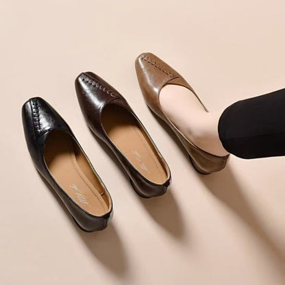 Zapatos de cuero para mujer con punta redonda y tacón plano