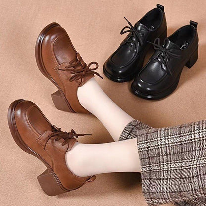 Zapatos de piel genuina con punta redonda y tacón medio