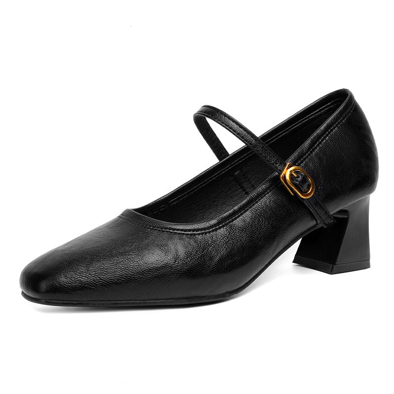 Zapatos de piel suave con tacón grueso – Nuevo