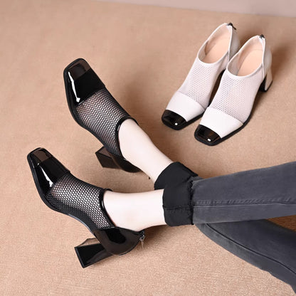 Zapatos de malla con punta cuadrada y tacón grueso
