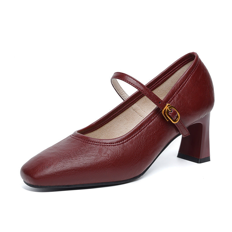 Zapatos de piel suave con tacón grueso – Nuevo