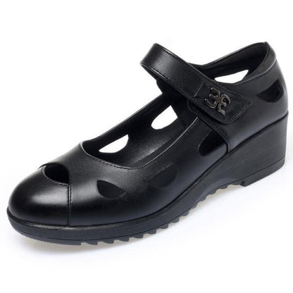 Zapatos para mamá – piel genuina, tacón de cuña, punta redonda