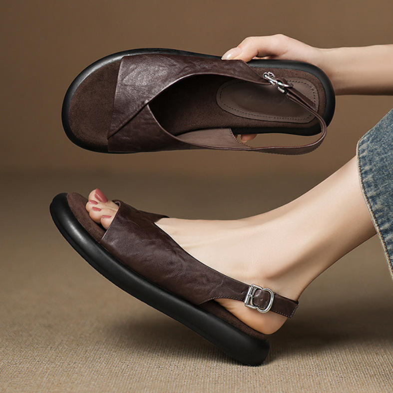 Sandalias planas de piel suave estilo inglés retro