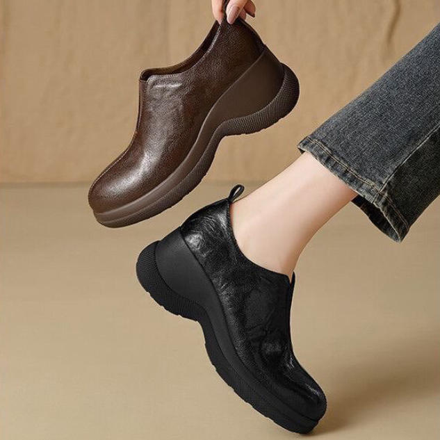 Zapatos de piel de estilo inglés con punta redonda y plataforma