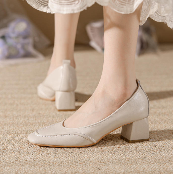 Tacones de piel genuina con punta cuadrada y tacón grueso