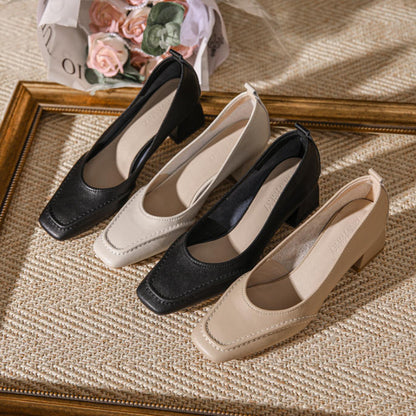 Tacones de piel genuina con punta cuadrada y tacón grueso