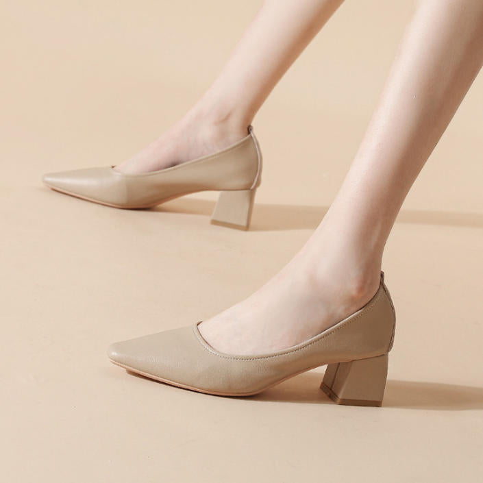 Tacones de piel genuina con punta cuadrada, tacón grueso de 5 cm
